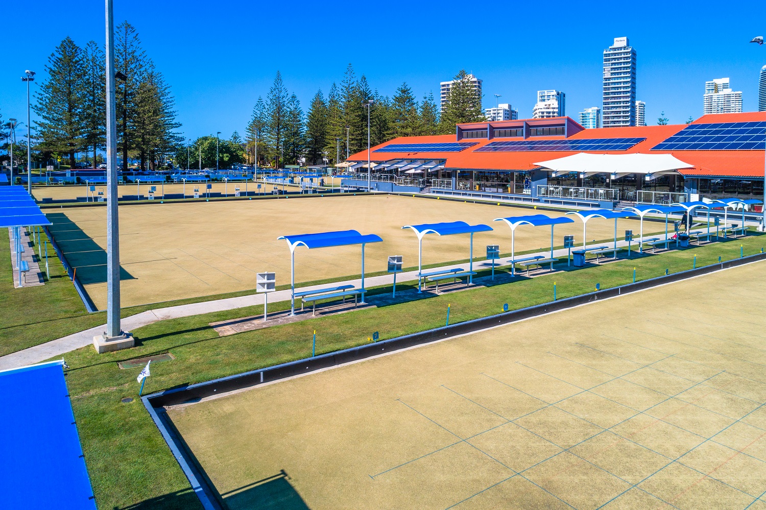 Coolshade aquablue fabric shades at Broadbeach Bowls Club